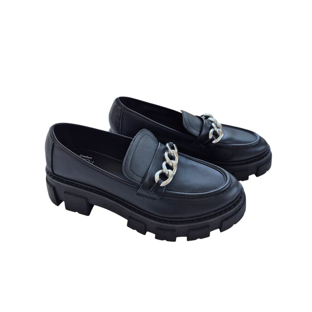 No Boundaries Black Platform Loafers with Silver Chain